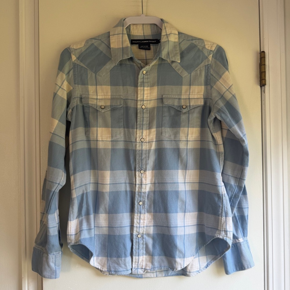 Ralph Lauren Sport Blue White Plaid Western Pearl Snap Flannel Shirt Women 10